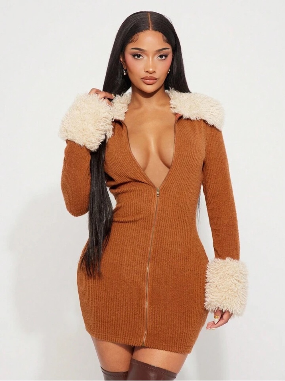 Rust Knit Mini Dress with Cream Teddy Collar & Cuffs